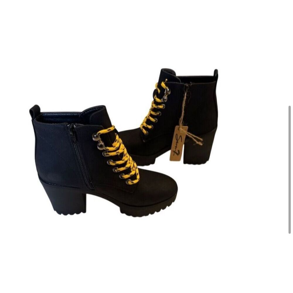 Black Platform Lace-Up Ankle Boots with Yellow Laces - Picture 2 of 9